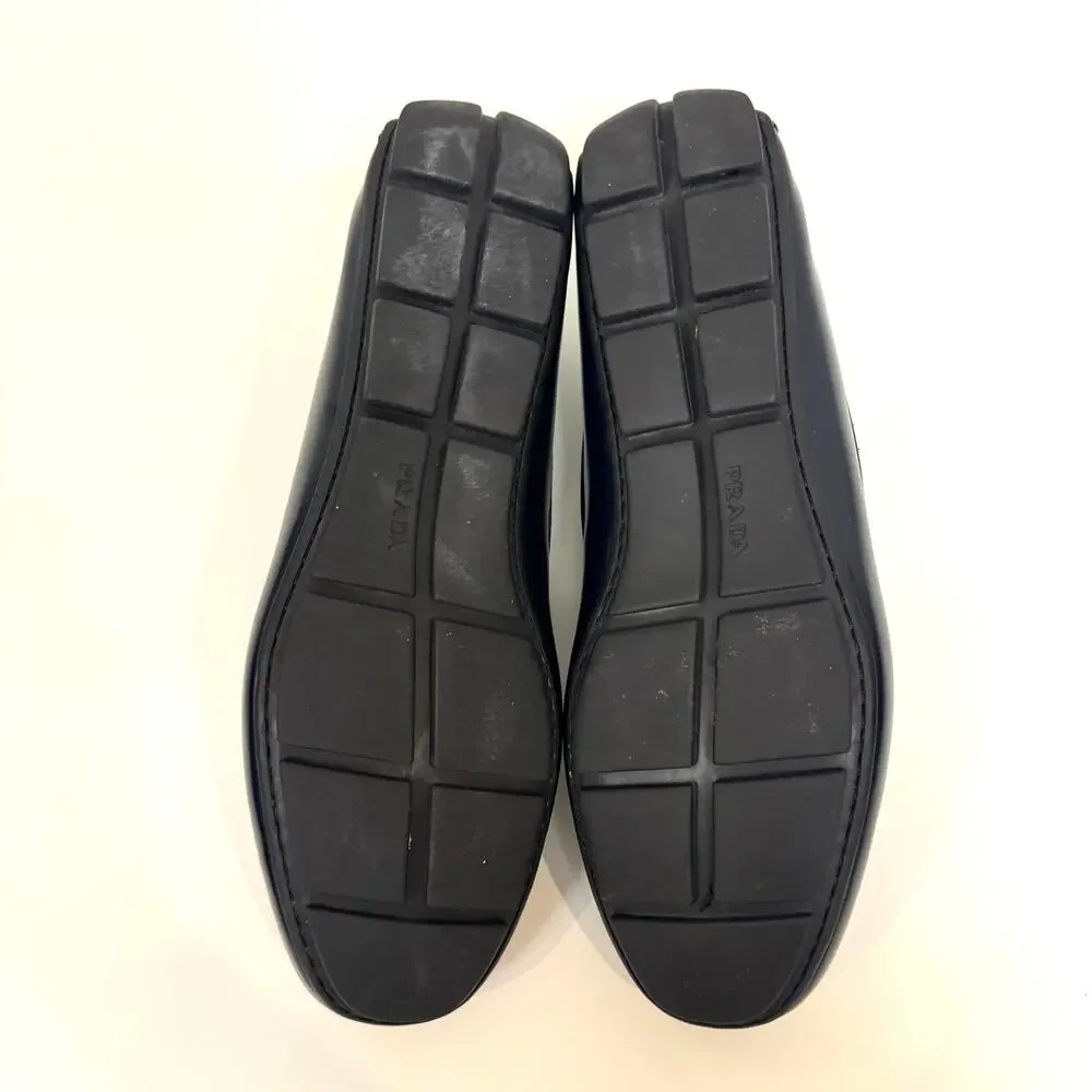 PRADA Patent Leather Navy Blue Silver Metal Logo Plaque Driving Loafer 10 Shoes
